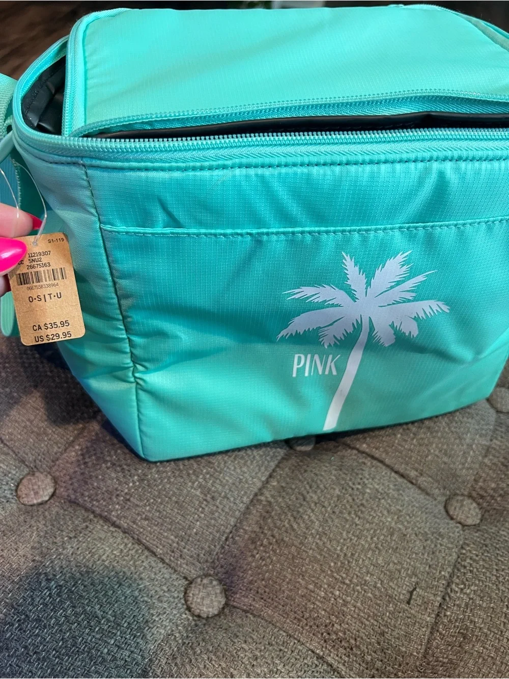 PINK Victoria's Secret Aqua/Turquoise Palm Tree Cooler Bag